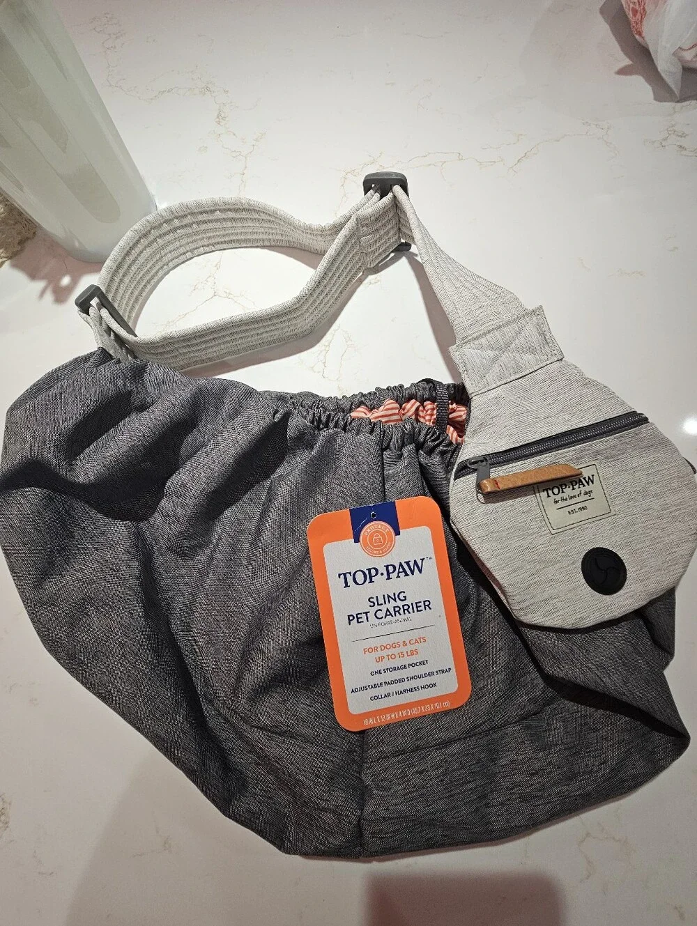 Top Paw Grey Sling Pet Carrier with Orange-Striped Interior